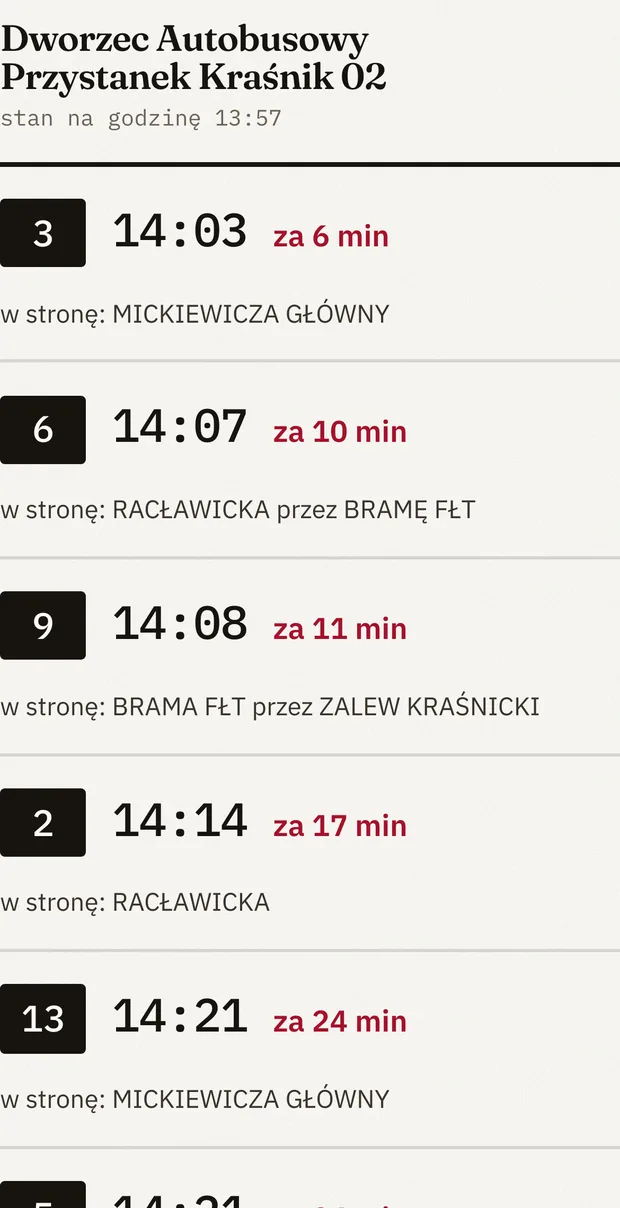 Widok odjazdów na telefonie: numery linii, godziny i czas do odjazdu wielkim drukiem.