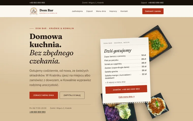 Strona Dom Bar: nagłówek „Domowa kuchnia. Bez zbędnego czekania”, kartka z dzisiejszym menu i cenami, obok talerze z obiadem.