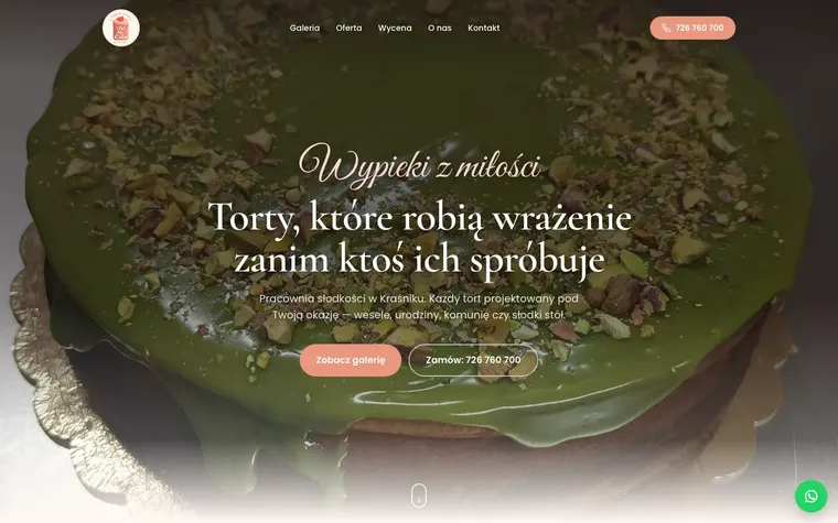 Strona pracowni tortów Oh My Cake: duże zdjęcie tortu i menu z cenami.